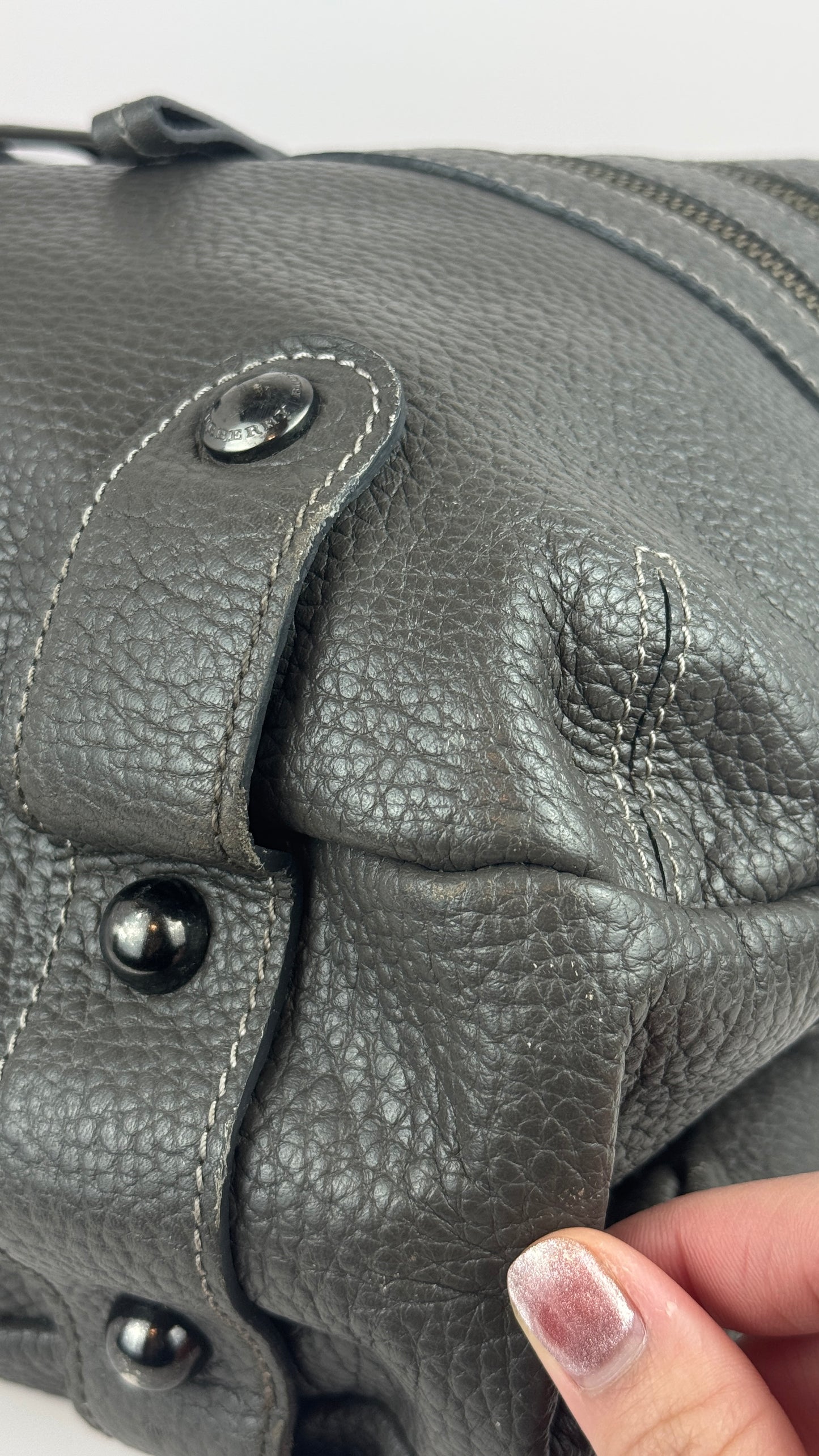 Burberry Bucket Grey Leather With Exterior Zip Pockets