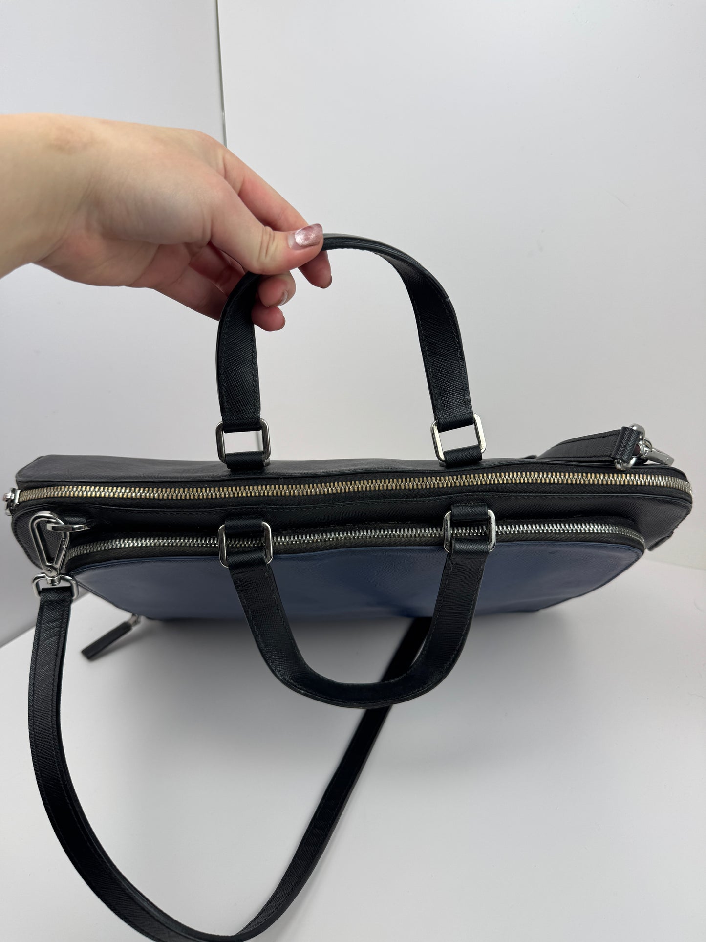 Prada Saffiano Business Briefcase two tone Black& Blue