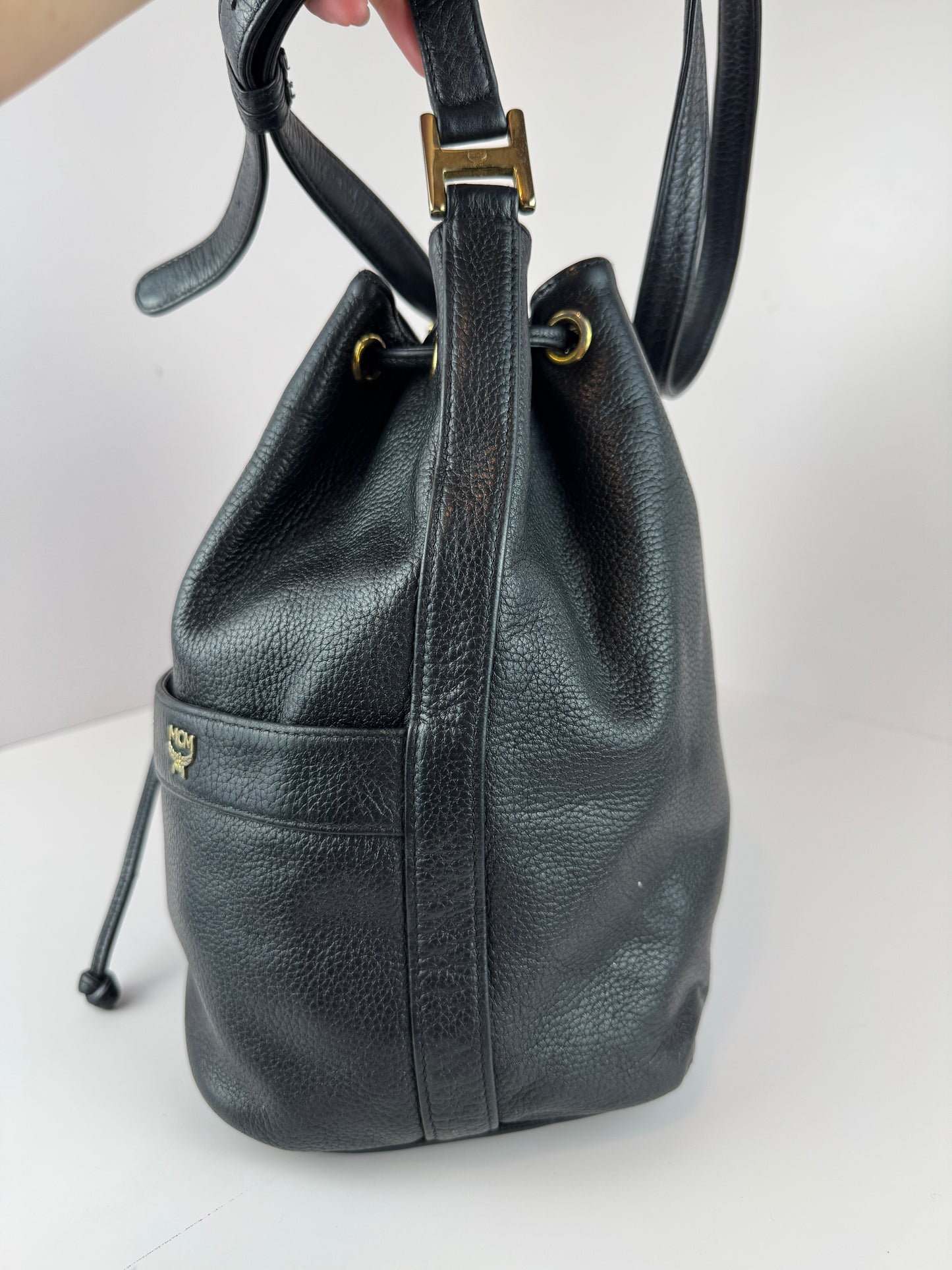MCM Black Leather Drawstring Bucket bag