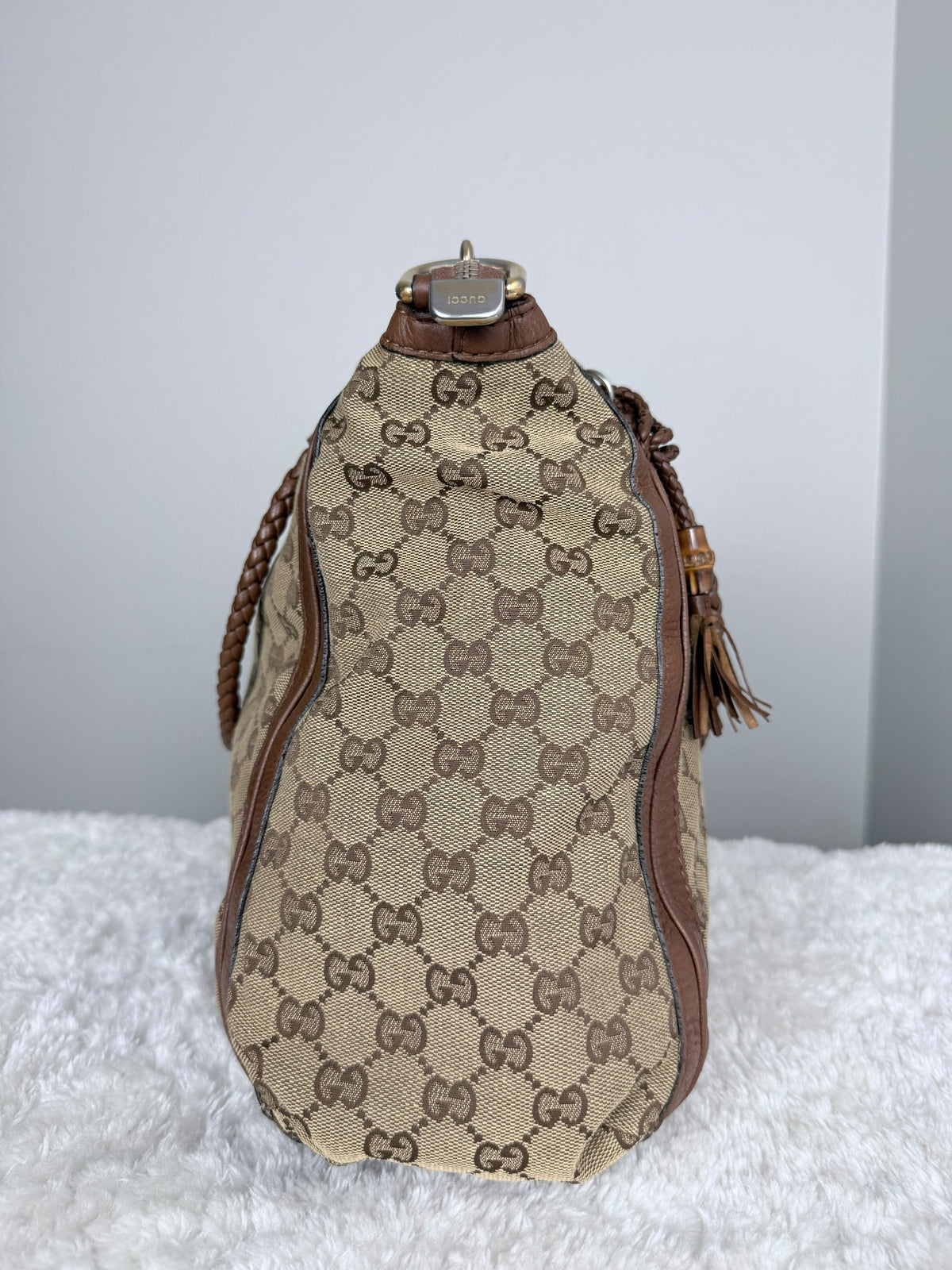 GUCCI Bella GG Canvas Handbag Brown