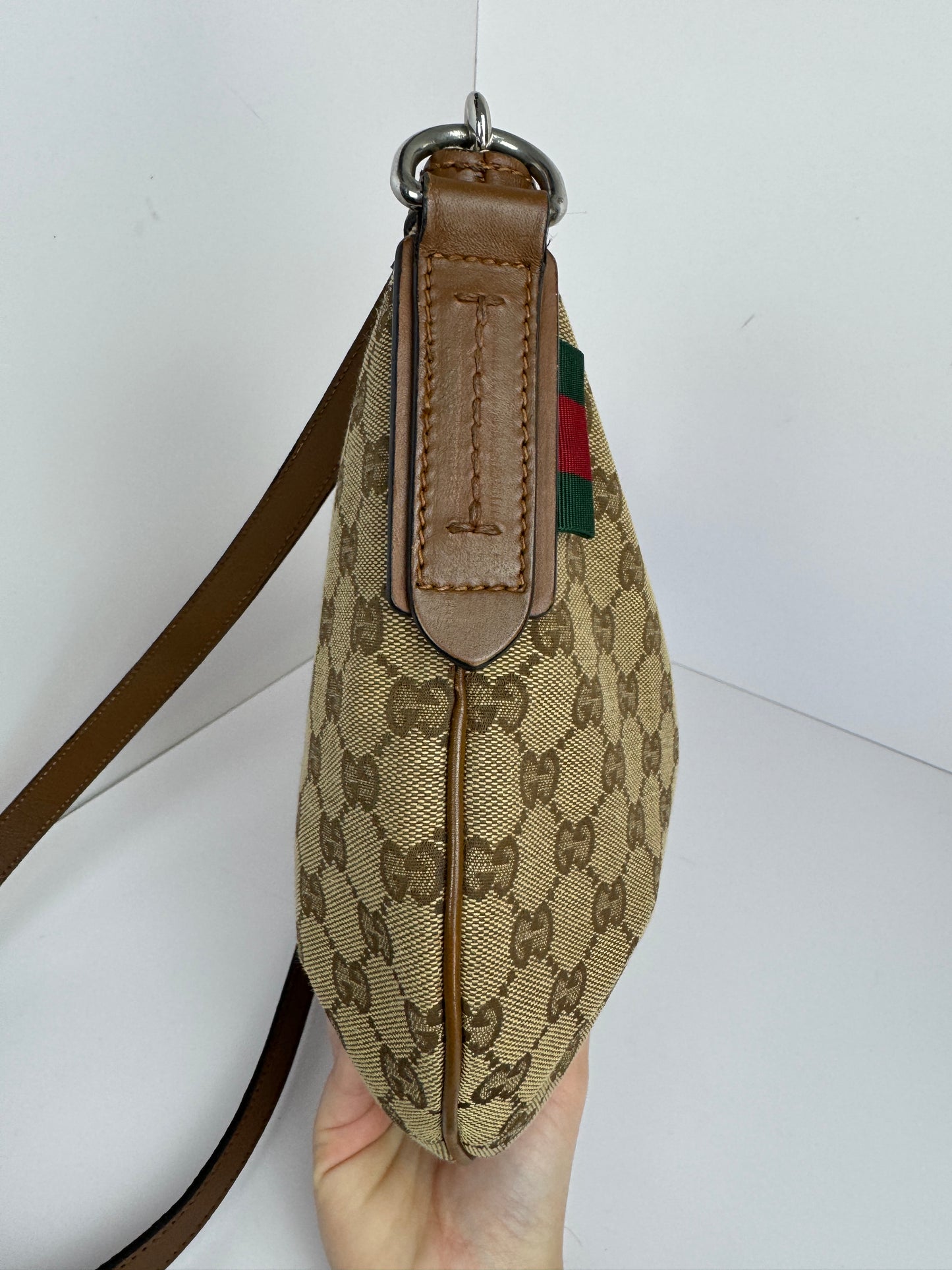 Gucci Web Half Moon Crossbody GG Canvas Brown