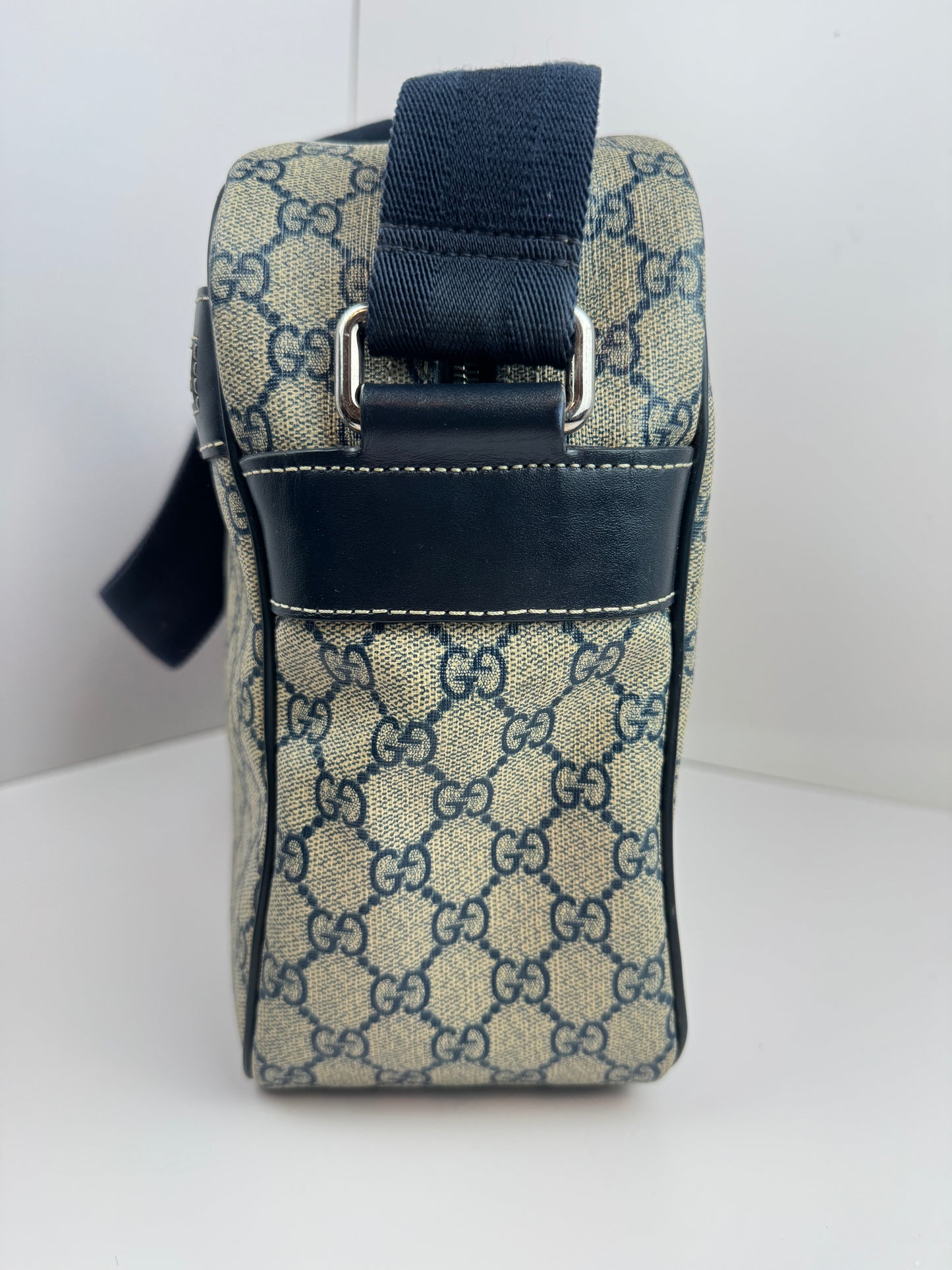 Gucci Large Front Zip Leather Coated Canvas Navy