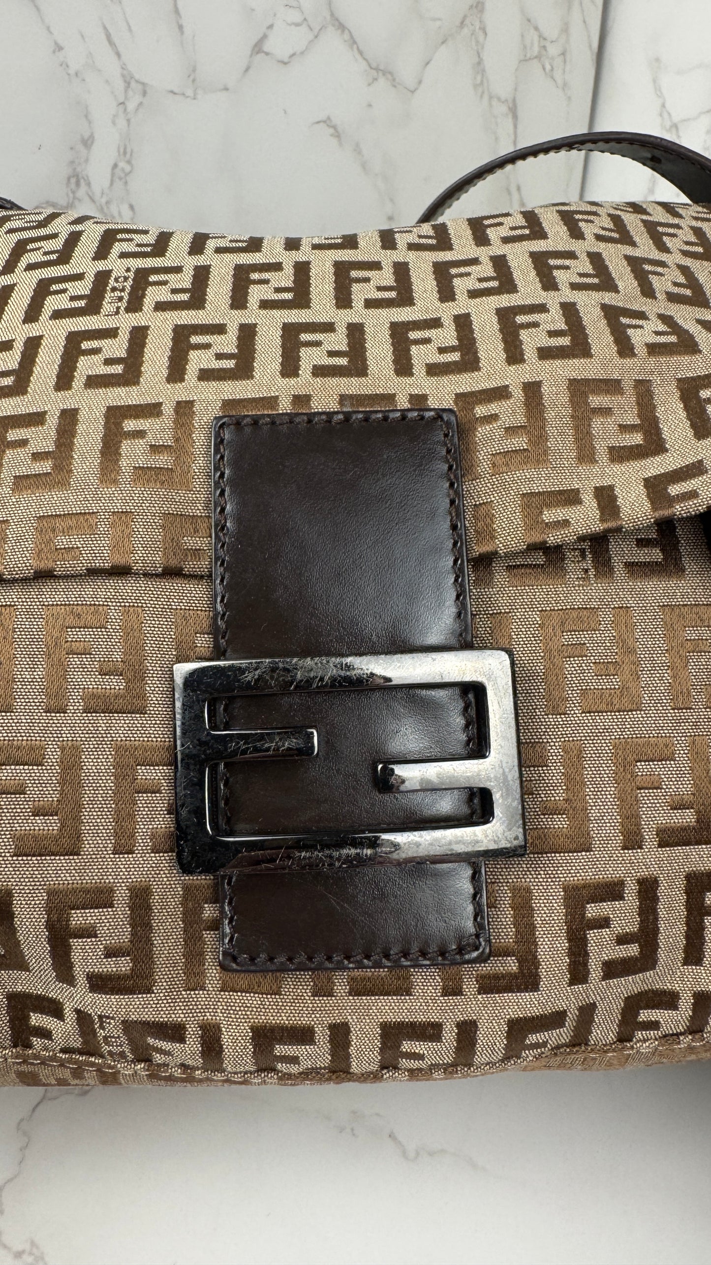 Fendi Mama Baguette Zucca FF Canvas Shoulder Bag Brown