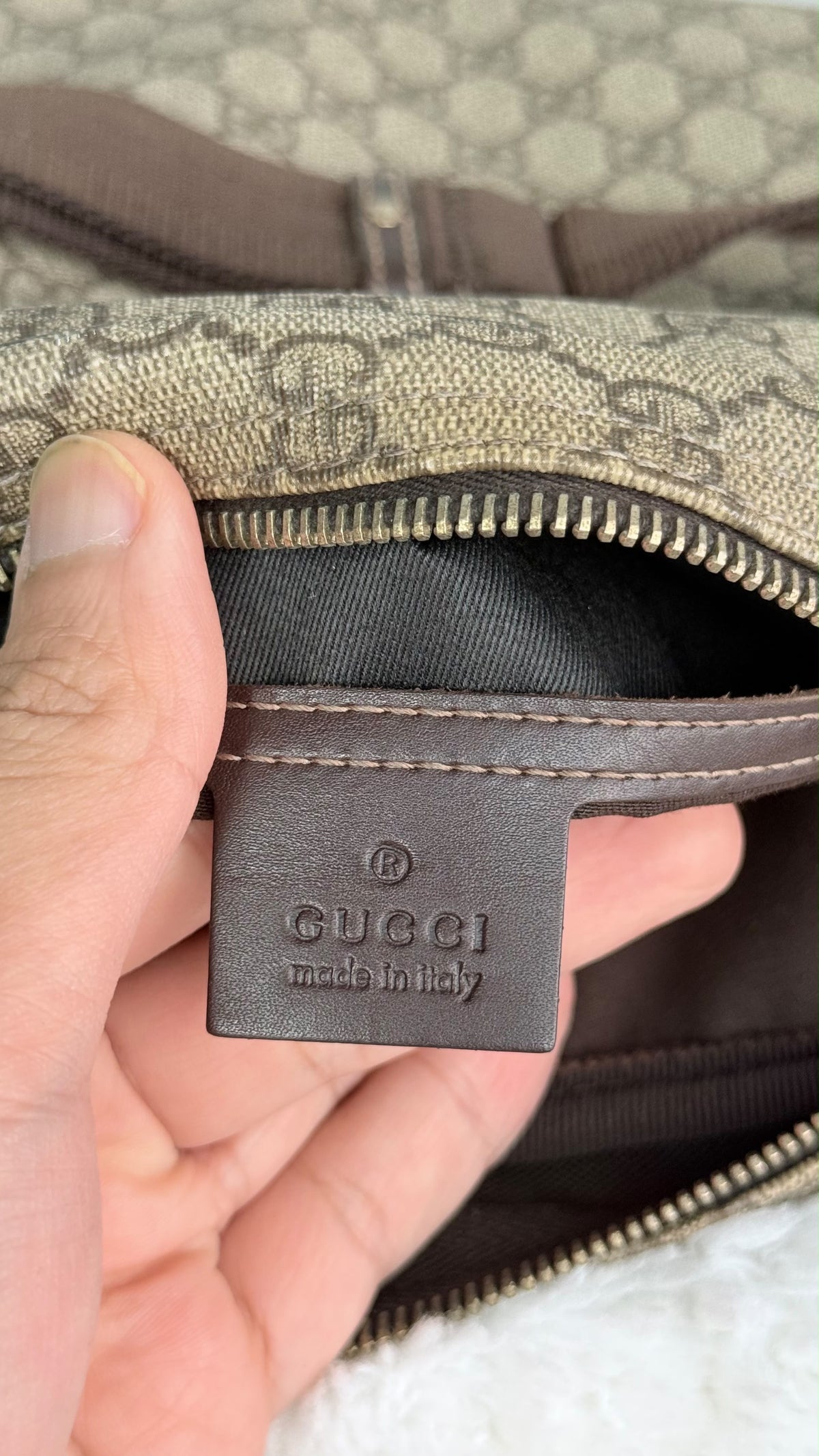 GUCCI Front Zip Messenger GG Coated Canvas Brown