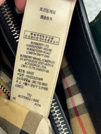 BURBERRY Derby Calfskin House Check Medium Banner Tote Black Sea Green