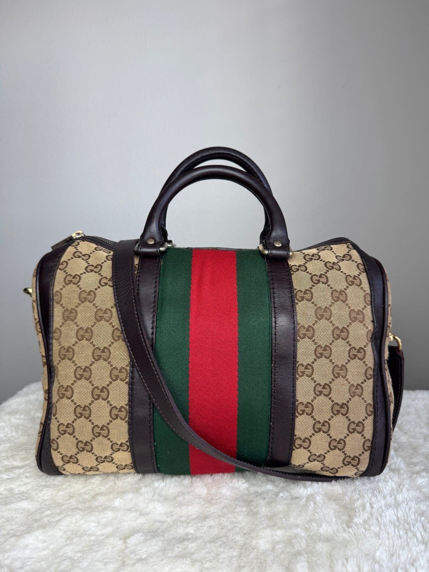 GUCCI Web Boston GG Canvas With strap Brown