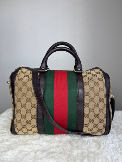 GUCCI Web Boston GG Canvas With strap Brown