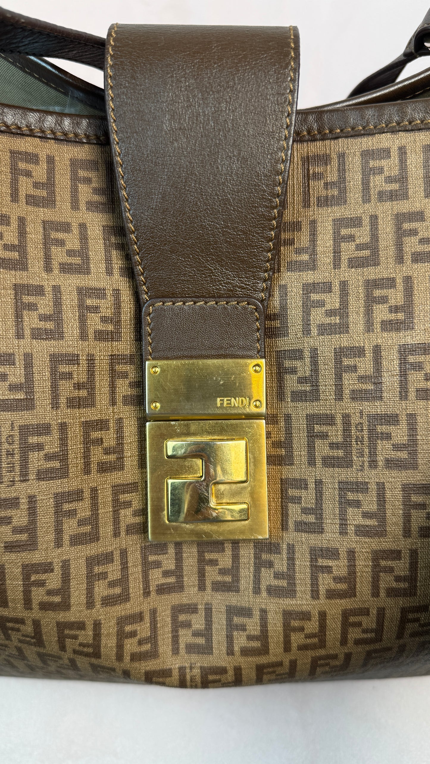 Fendi Zucchino Spalmati Chiusura tote bag in brown coated canvas with brown leather trim