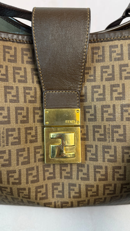 Fendi Zucchino Spalmati Chiusura tote bag in brown coated canvas with brown leather trim