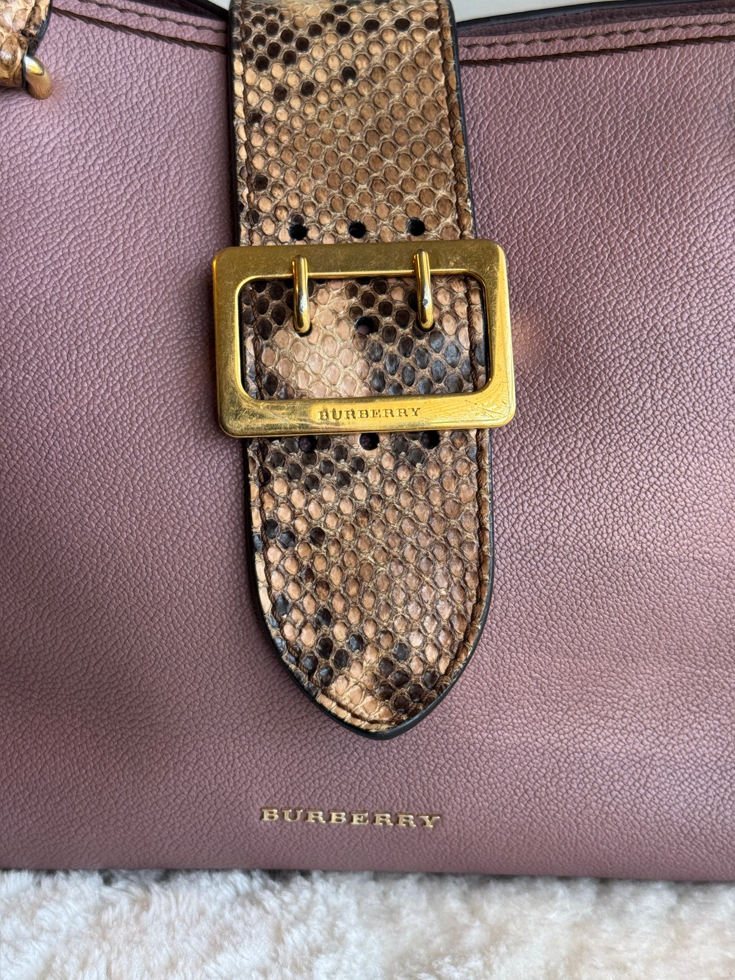 BURBERRY Pink Leather & Python Medium Buckle Tote Bag