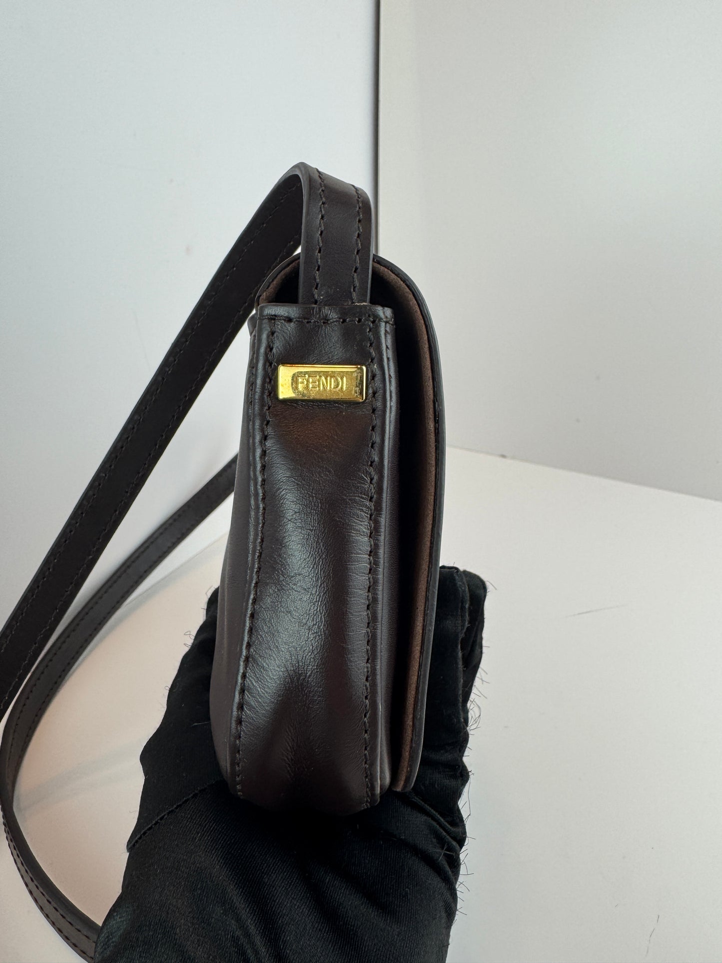 Fendi Vitello Elite Small Chameleon Crossbody Dark Brown