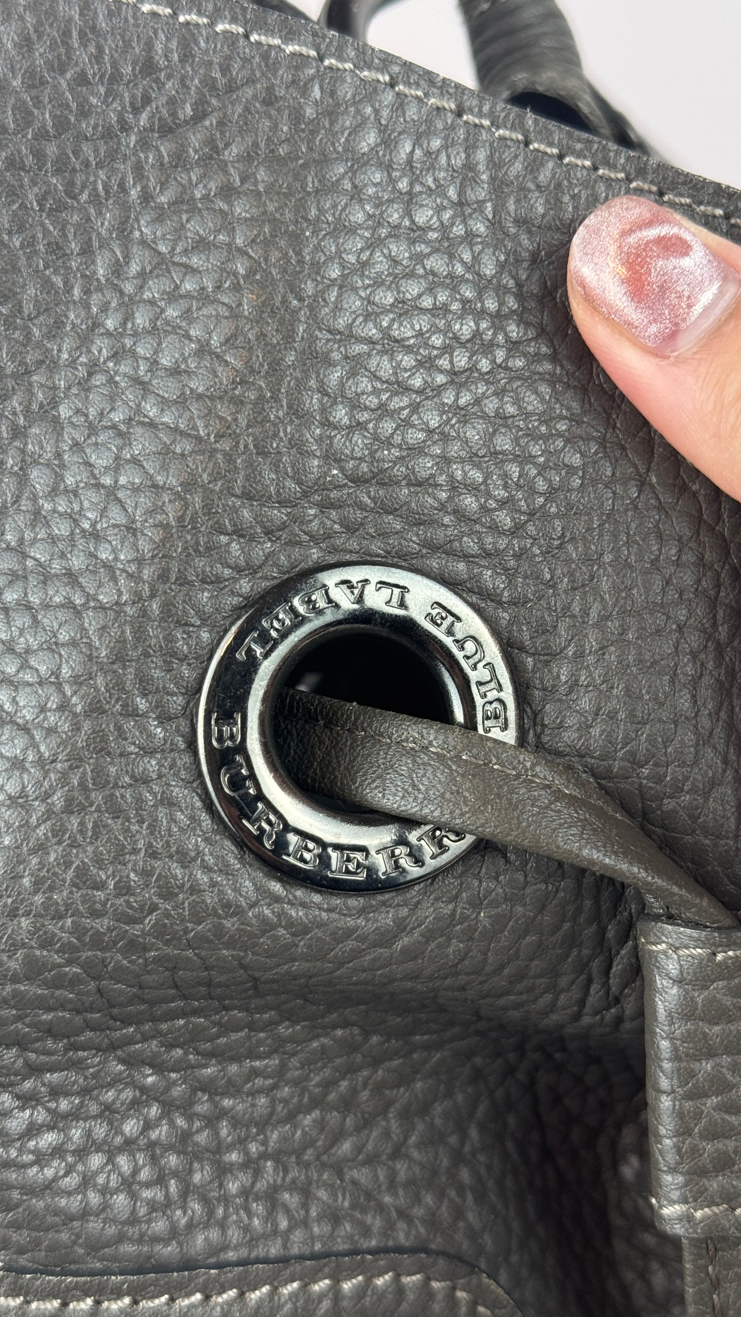 Burberry Bucket Grey Leather With Exterior Zip Pockets