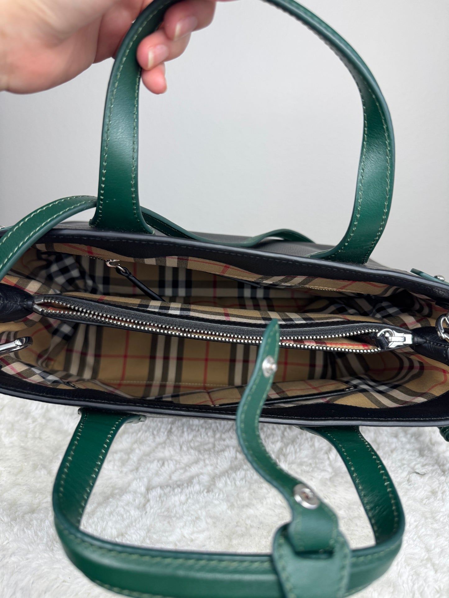 BURBERRY Derby Calfskin House Check Medium Banner Tote Black Sea Green