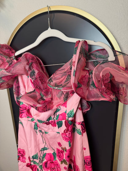 D12👗Pink Floral Organza Ruffle Dress – Pre-Owned (All Sales Final) 🌸✨