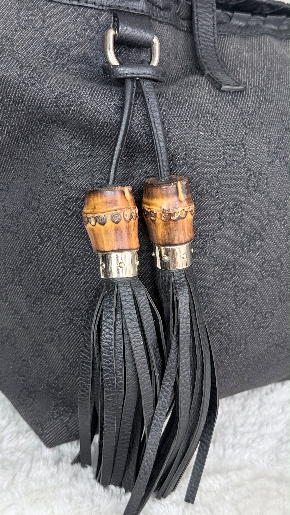 GUCCI Pebbled Danim Bamboo Tassel Tote large Black