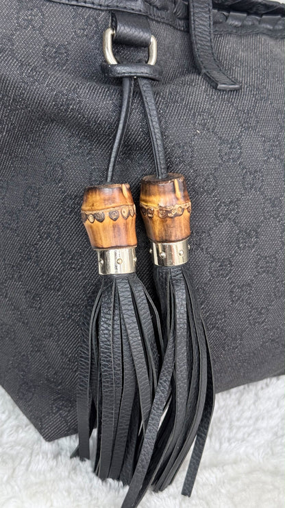 GUCCI Pebbled Danim Bamboo Tassel Tote large Black