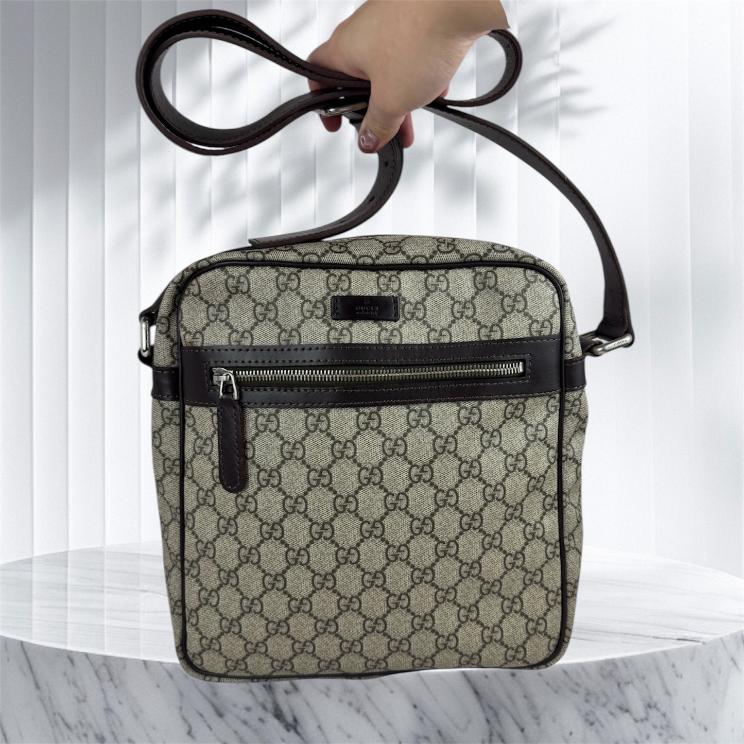 Gucci Front Zip Leather Messenger Brown