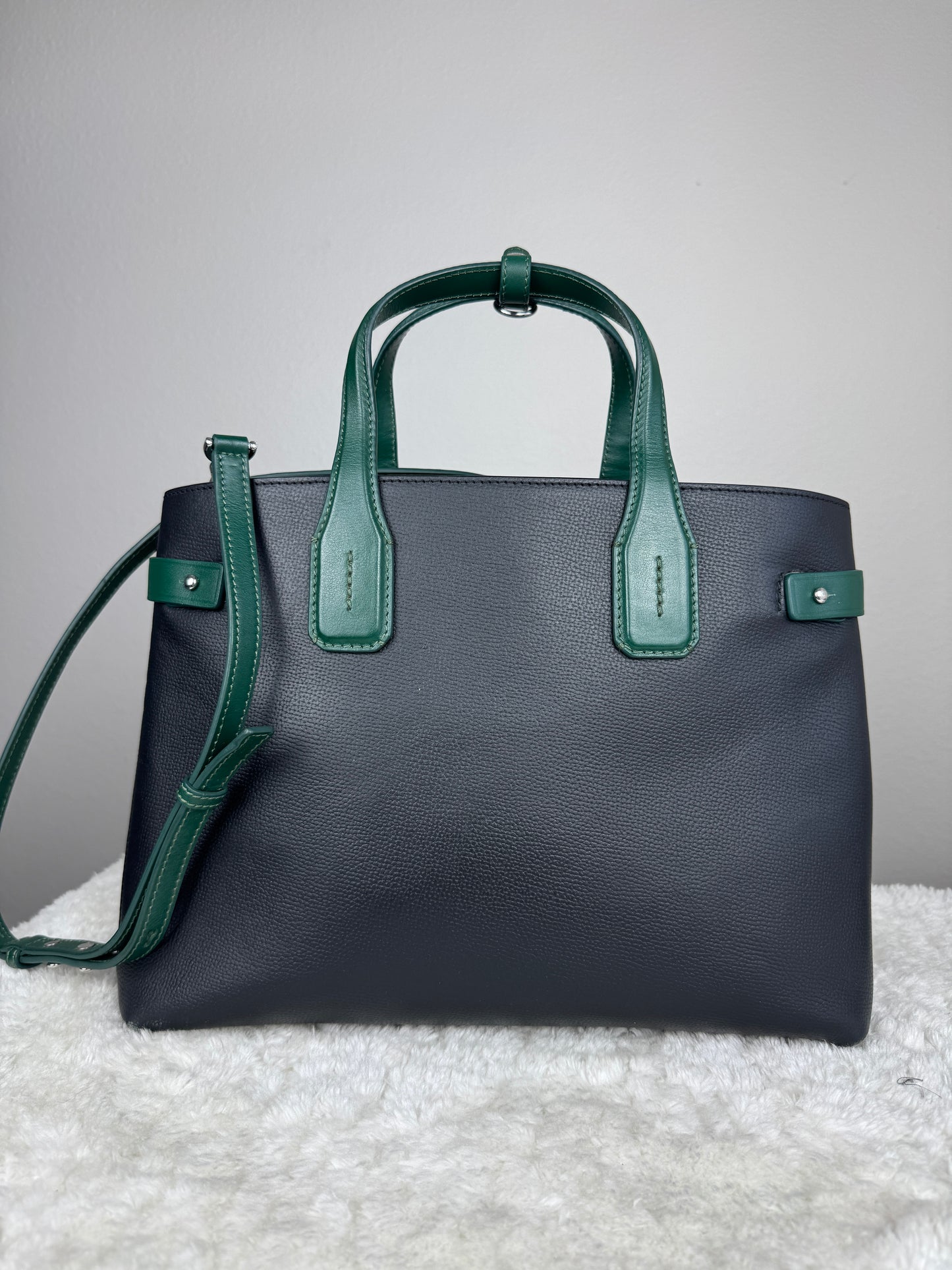 BURBERRY Derby Calfskin House Check Medium Banner Tote Black Sea Green