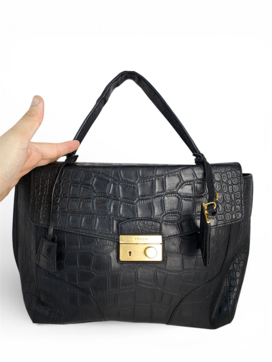 Prada Croc-Embossed Leather Top Handle Bag – Medium