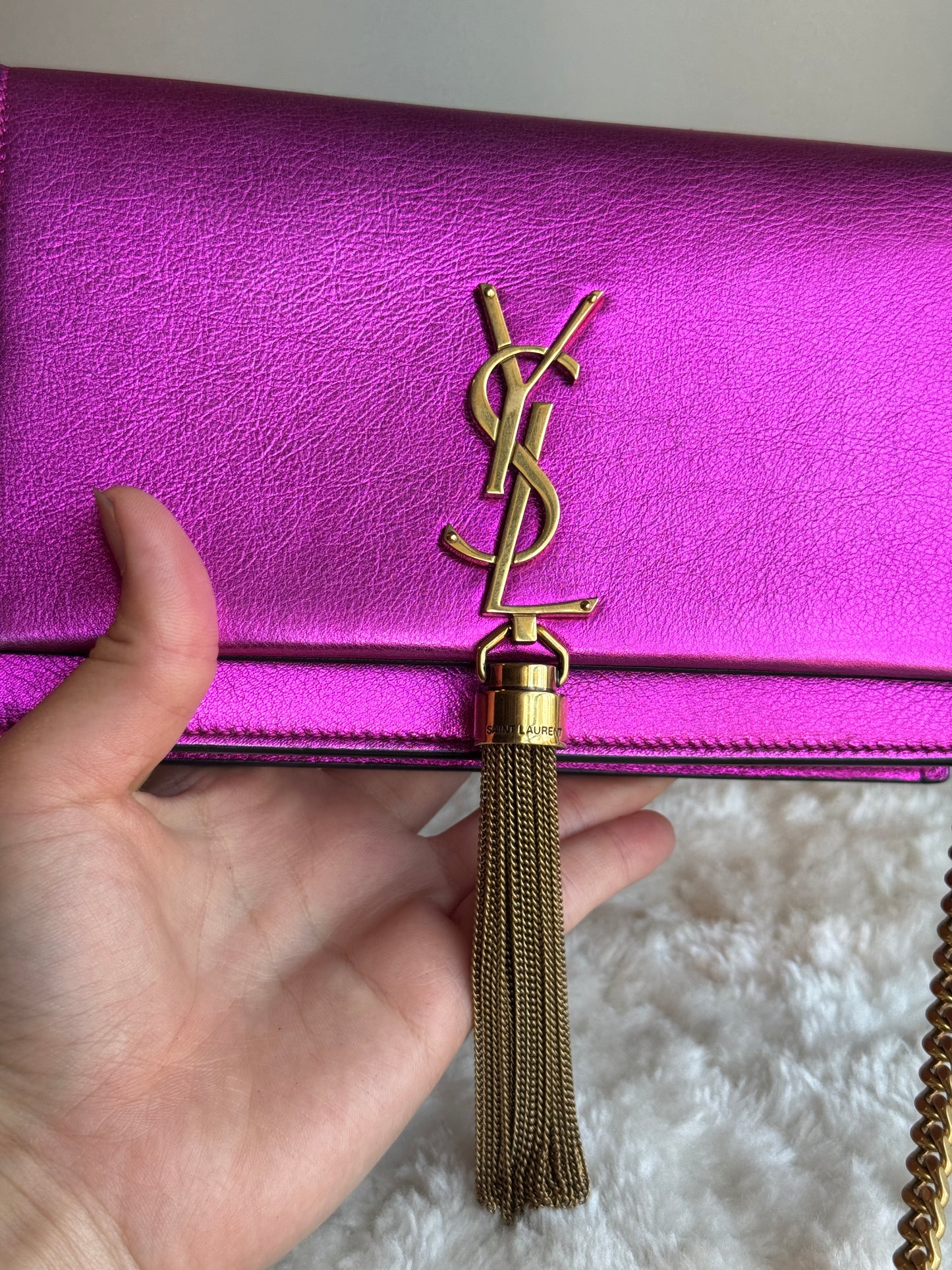SAINT LAURENT Classic Monogram Tassel Chain wallet Leather pink metallic