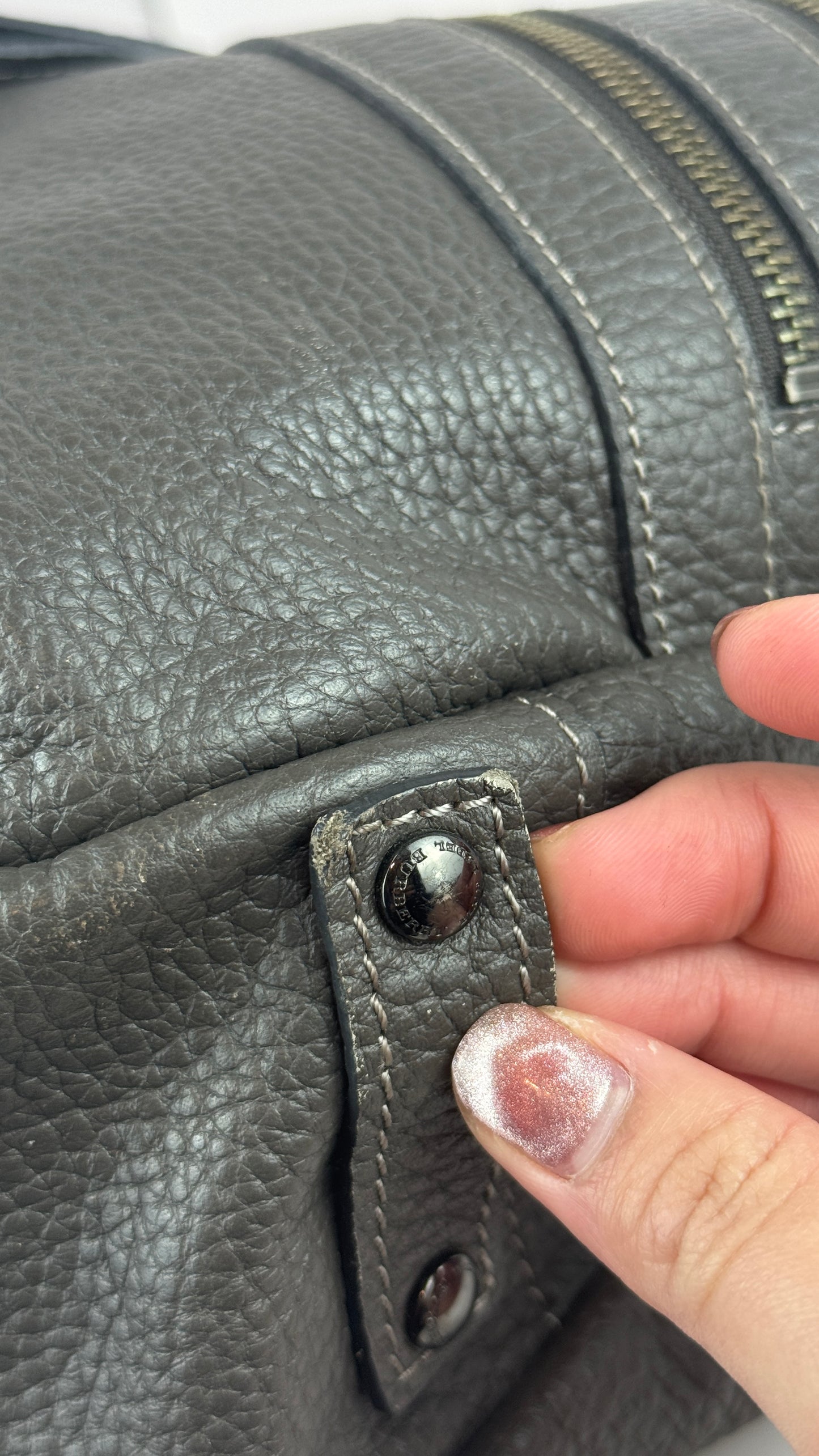 Burberry Bucket Grey Leather With Exterior Zip Pockets