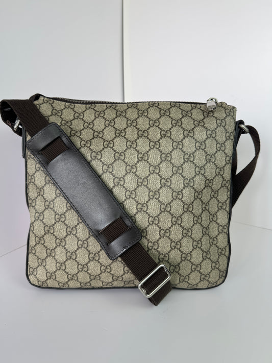 Gucci Front Zip Messenger Dark Brown GG Coated Canvas