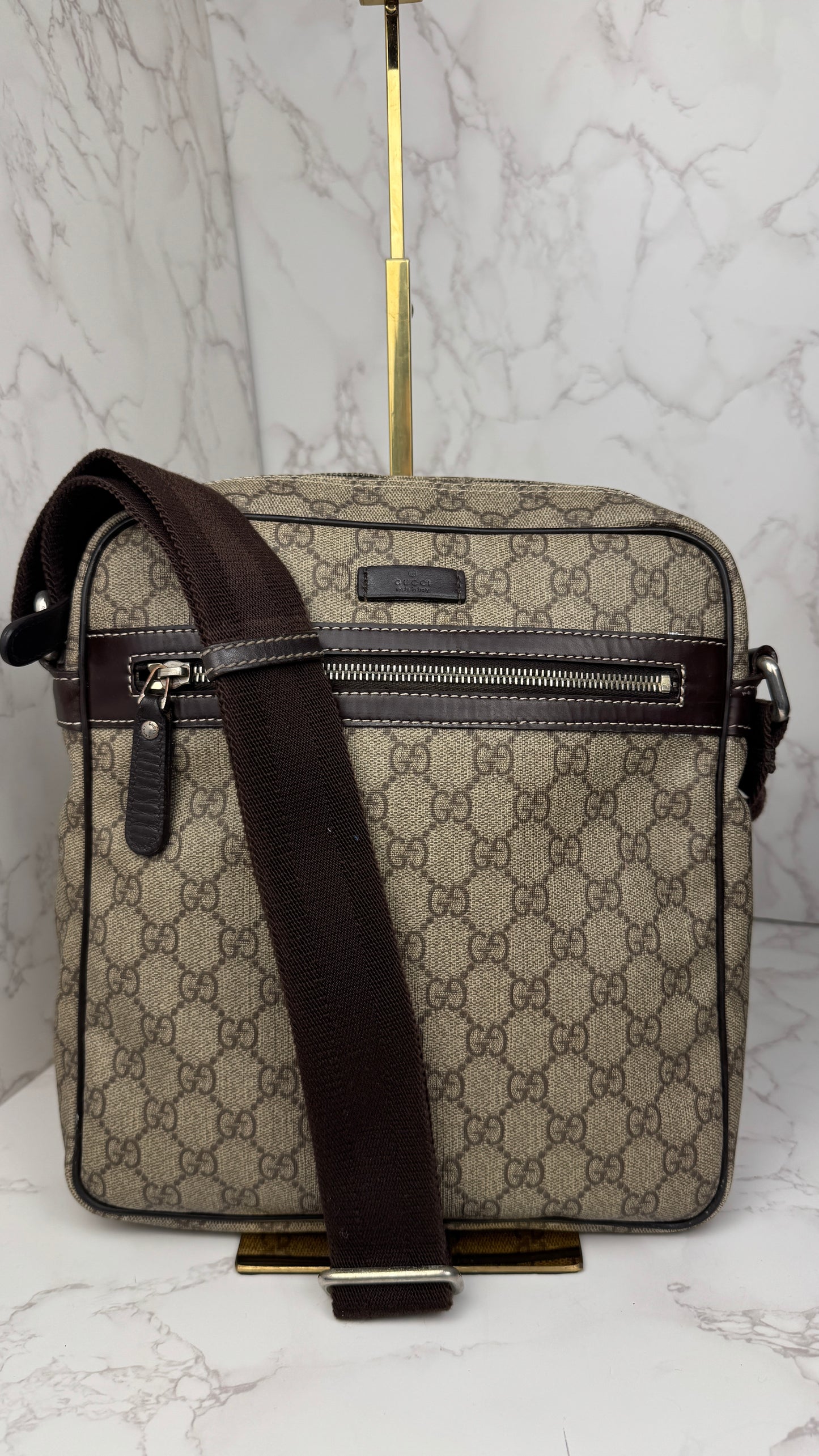 Gucci Front Zip Messenger Coated Canvas Brown