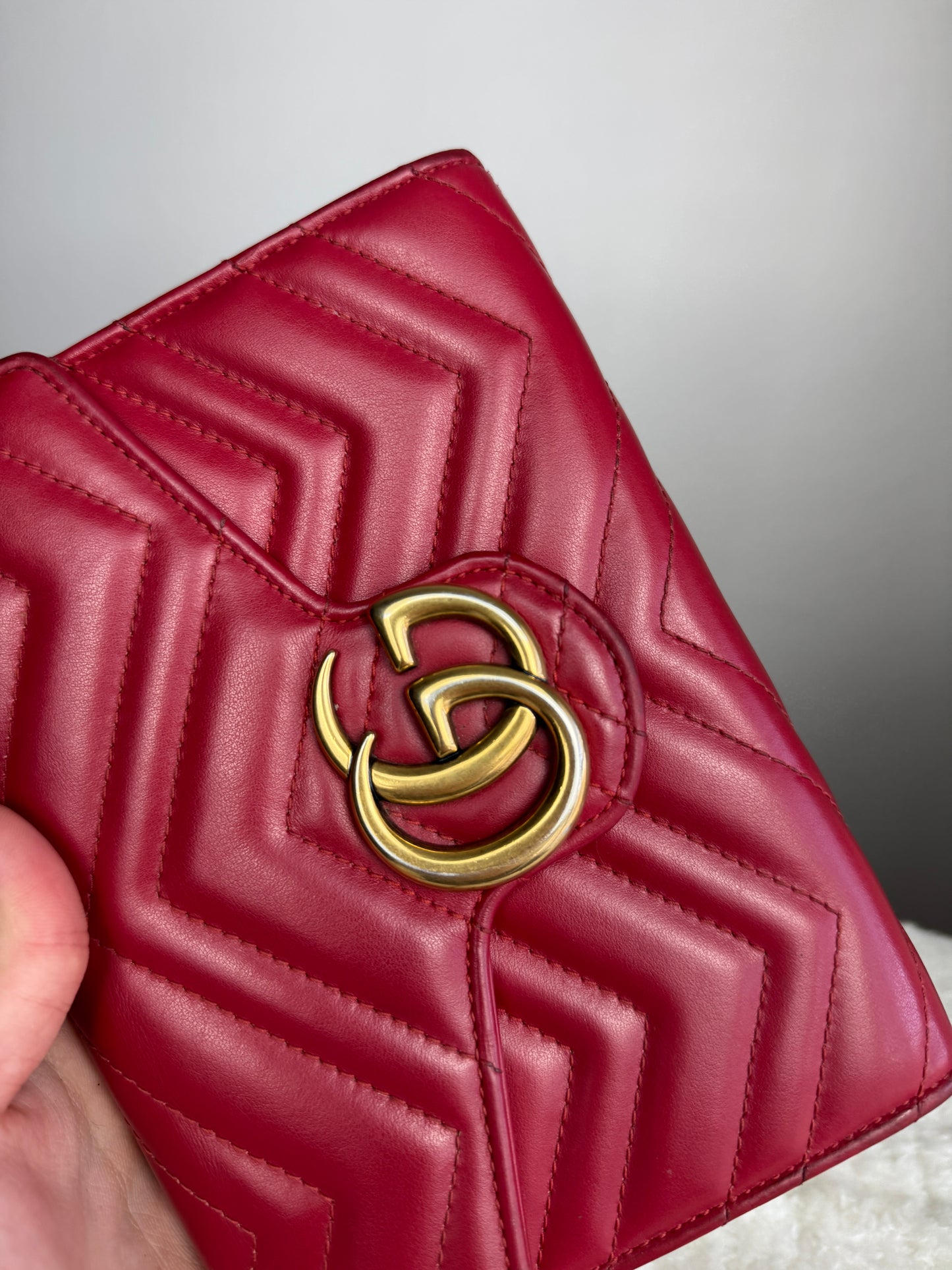 GUCCI GG Marmont Chain Wallet Matelasse Leather Red