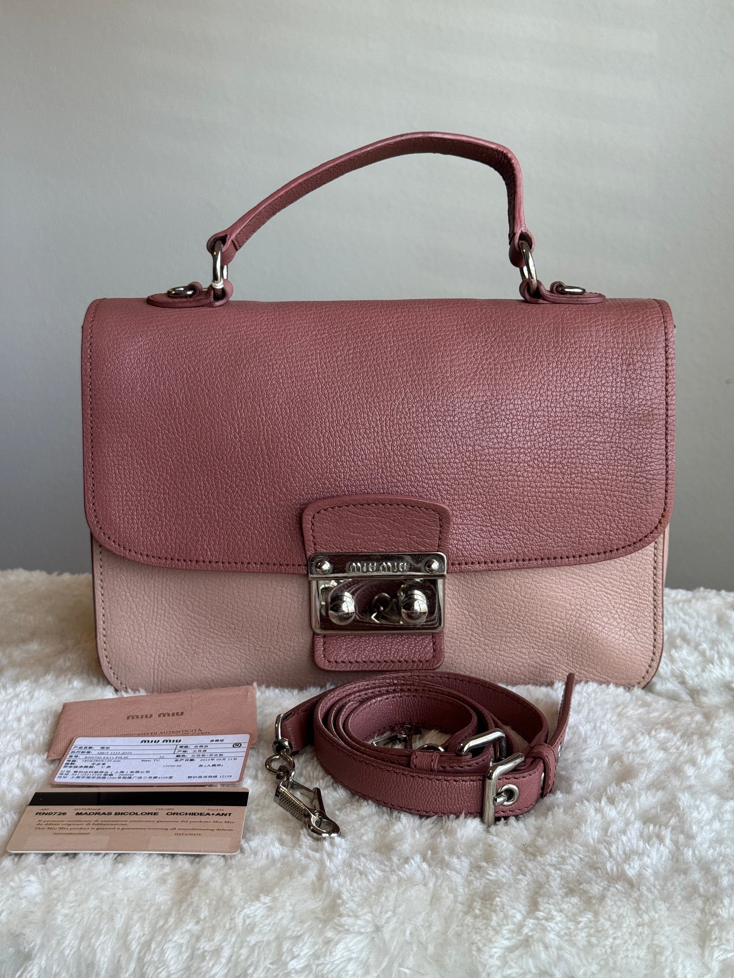 MIU MIU Pink Leather Madras Top Handle two tone