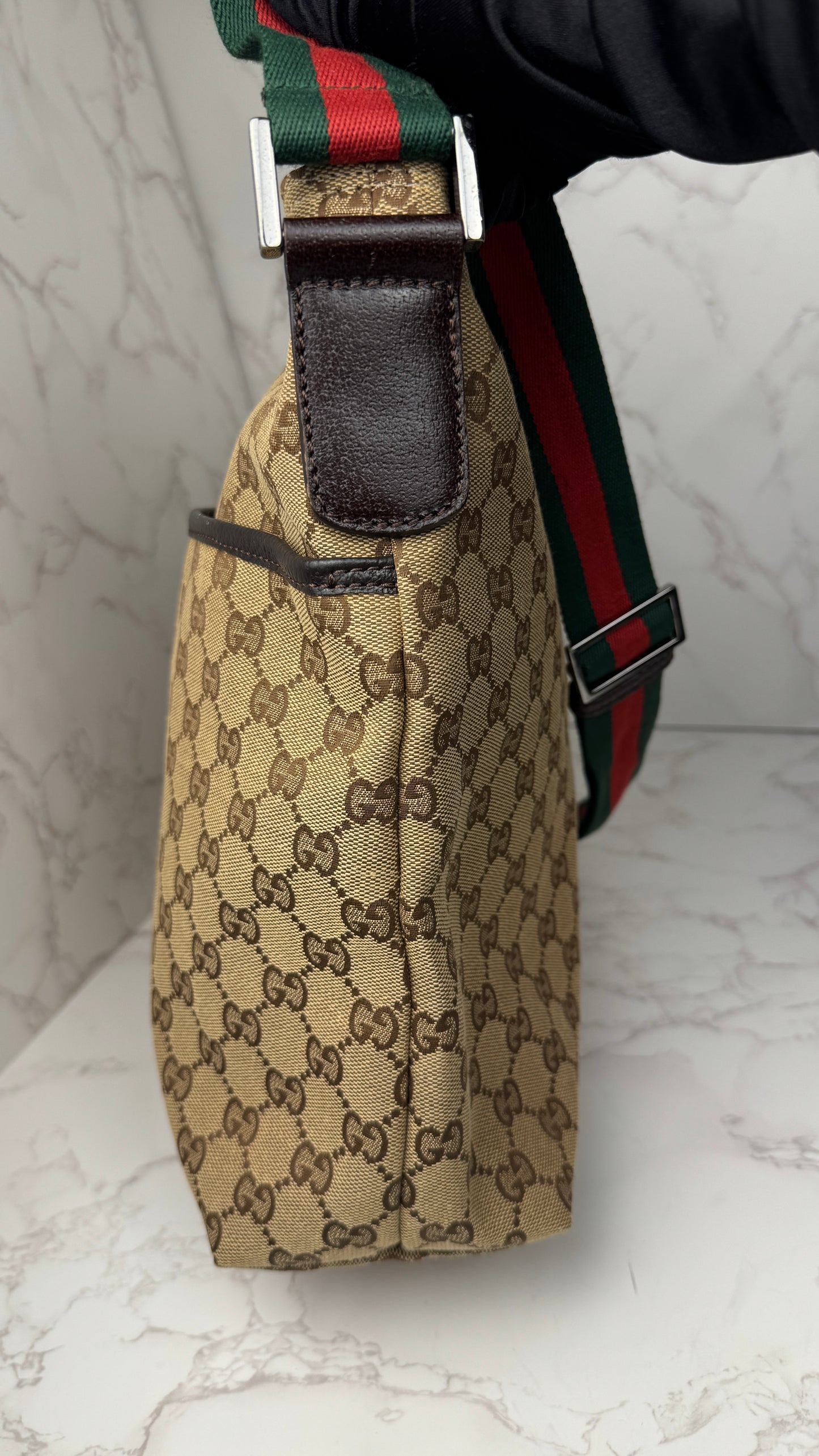 Gucci Flat  Crossbody GG Canvas Web Strap Brown
