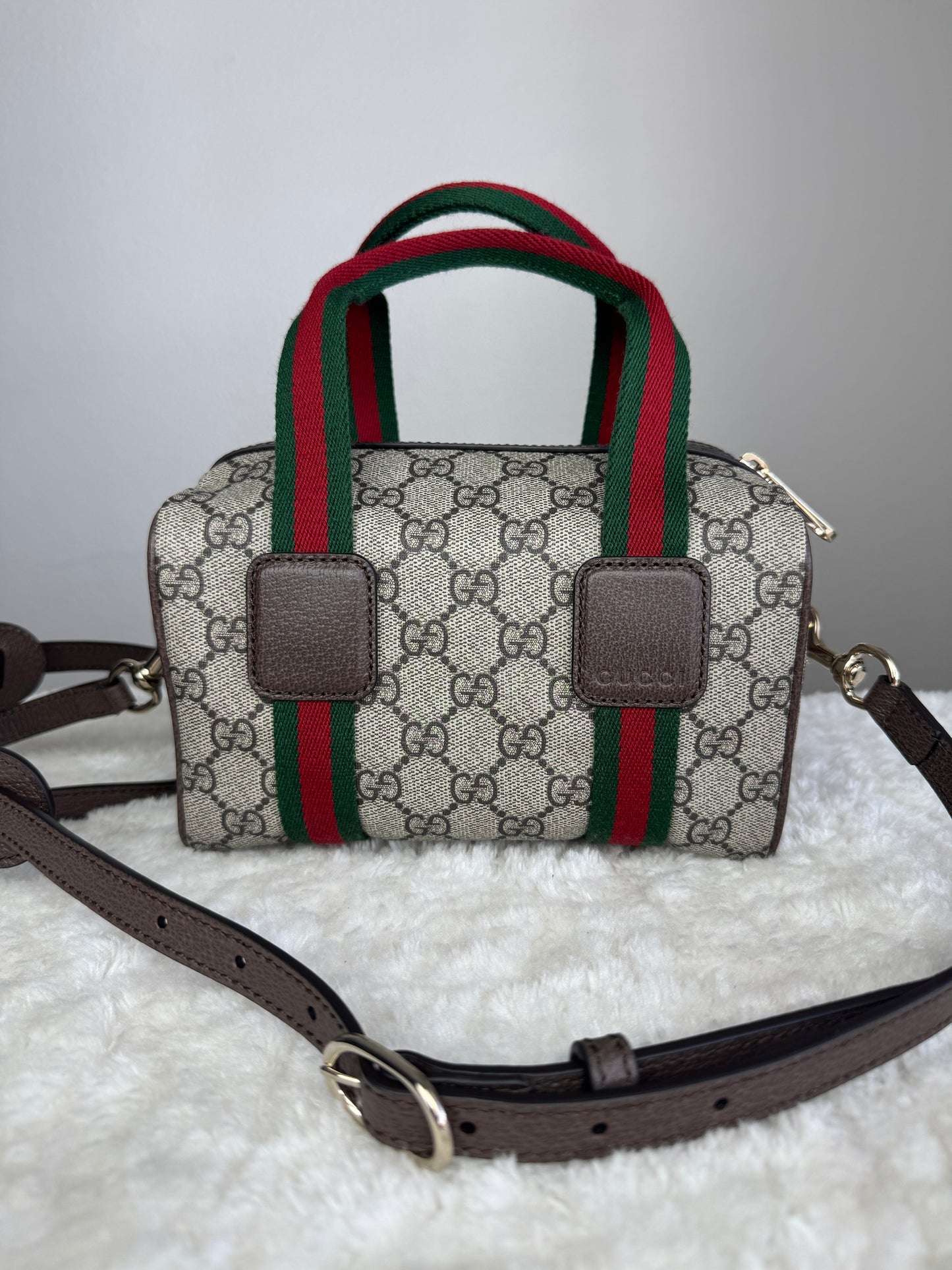NEW GUCCI Web Boston GG Supreme Coated Canvas Brown