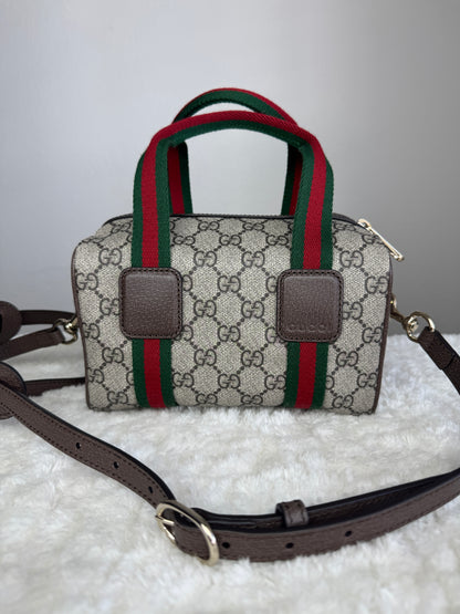 NEW GUCCI Web Boston GG Supreme Coated Canvas Brown