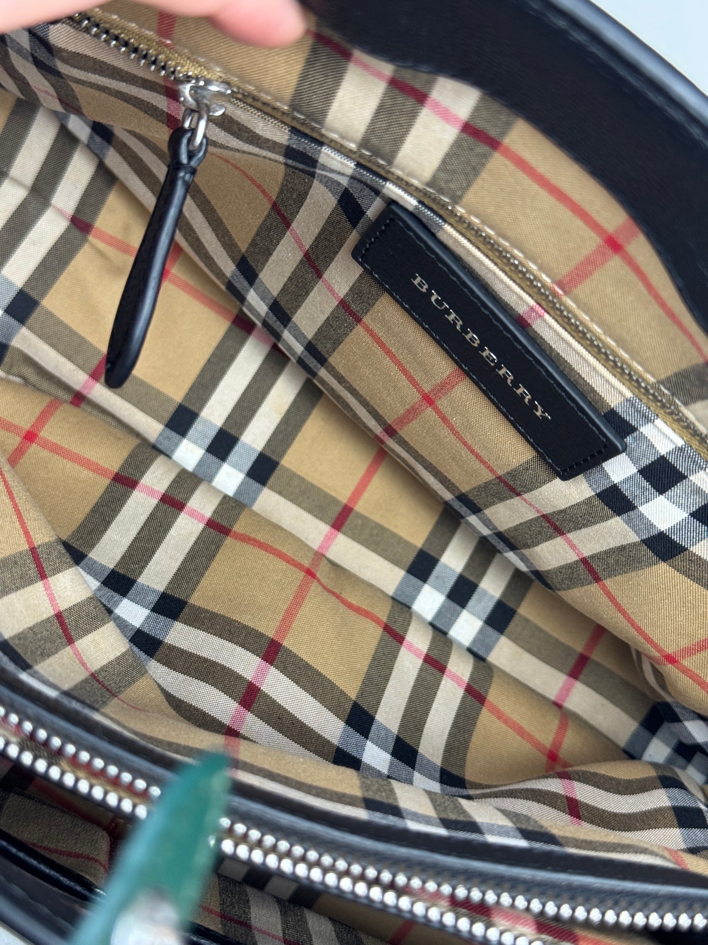 BURBERRY Derby Calfskin House Check Medium Banner Tote Black Sea Green
