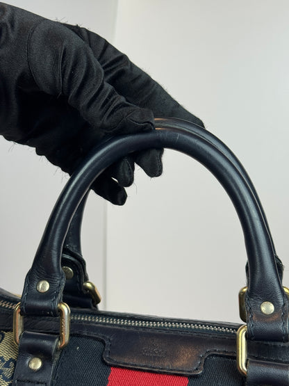 GUCCI Web Boston Navy Blue GG Canvas with strap