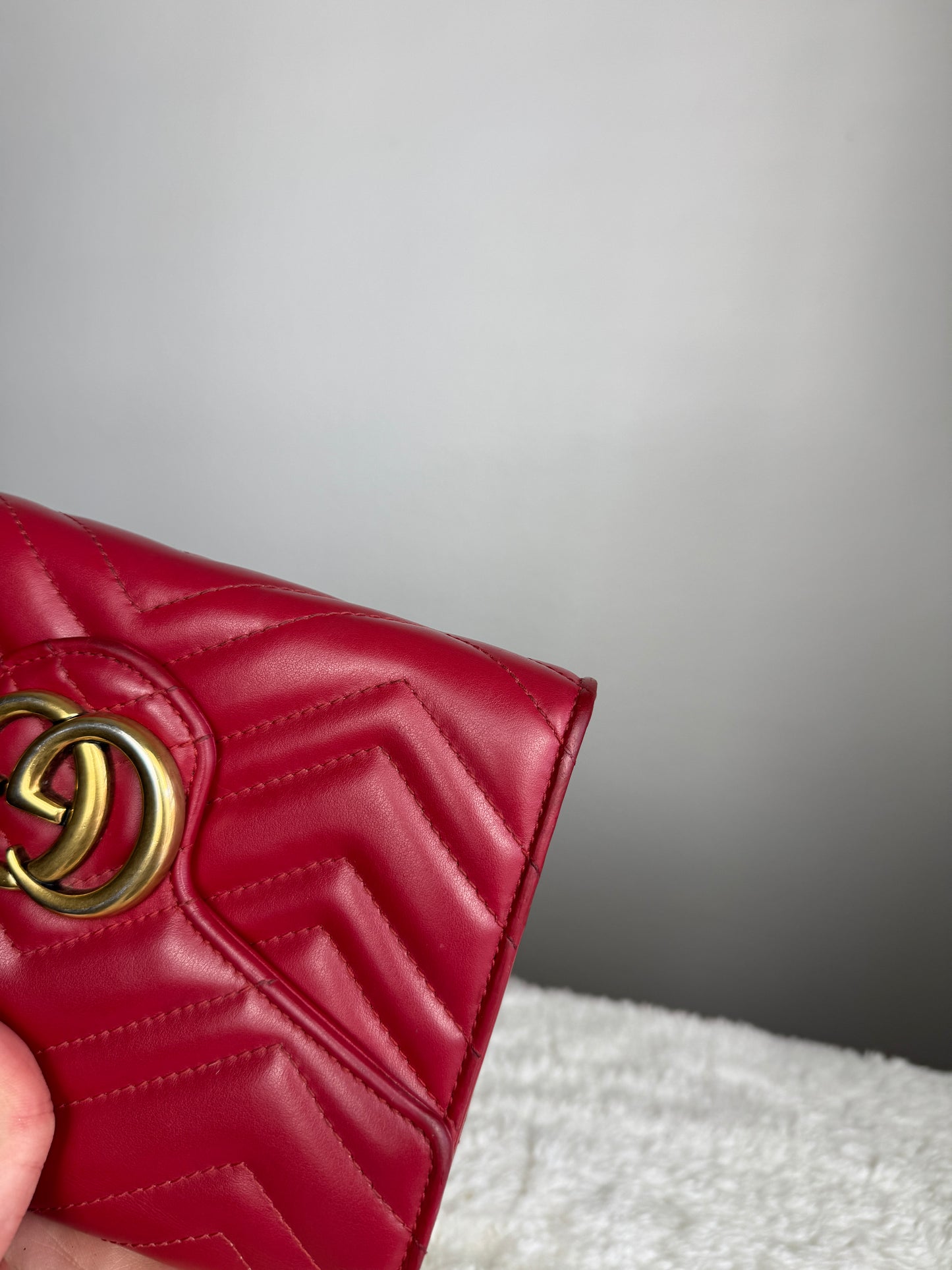 GUCCI GG Marmont Chain Wallet Matelasse Leather Red