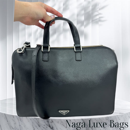 Prada Saffiano Business Briefcase two tone Black& Blue