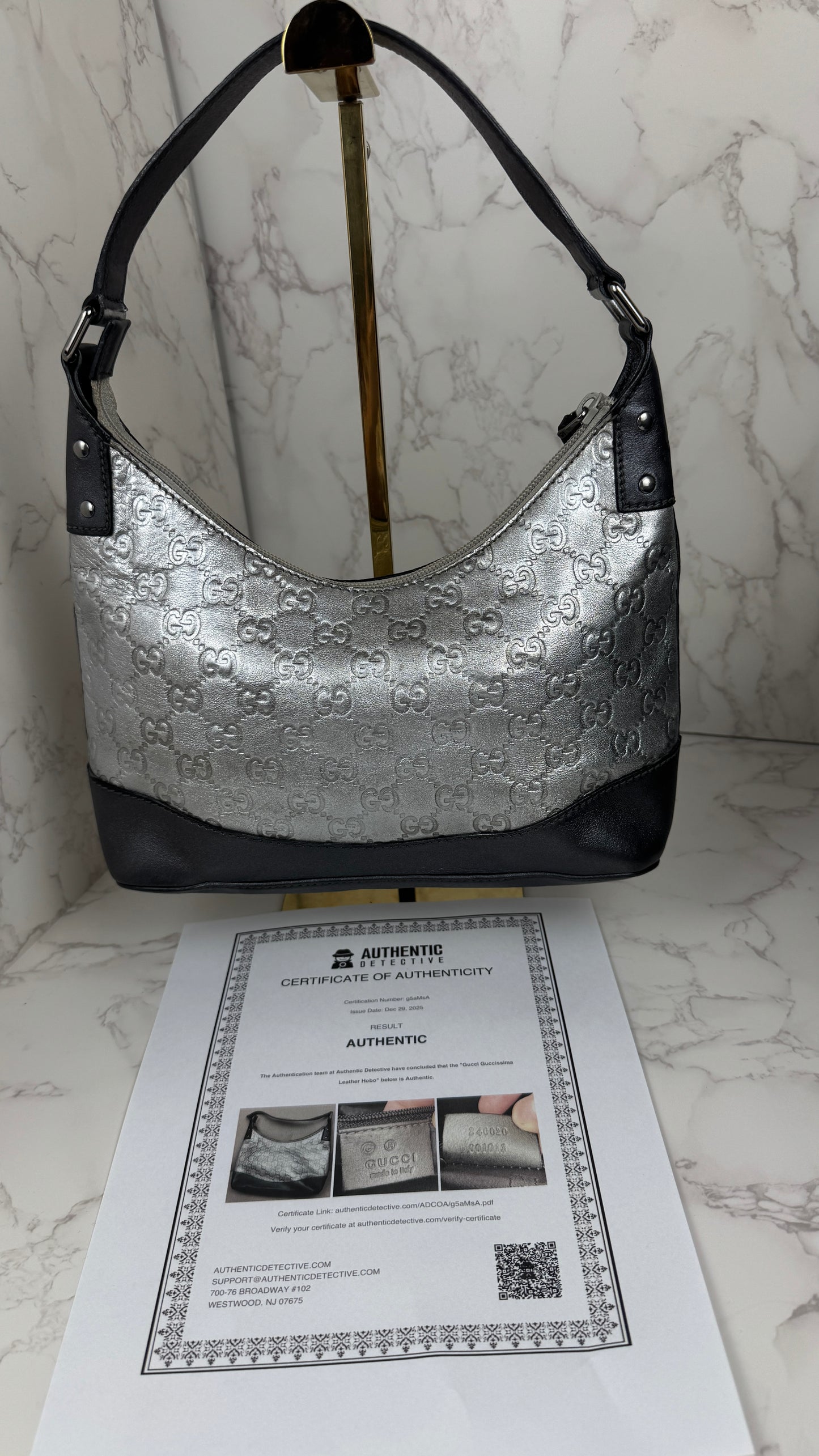 Gucci GG Leather Hobo Silver and Grey