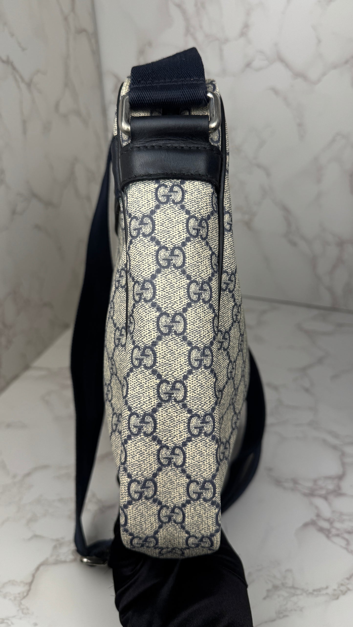 Gucci Front Zip Messenger GG Coated Canvas Navy