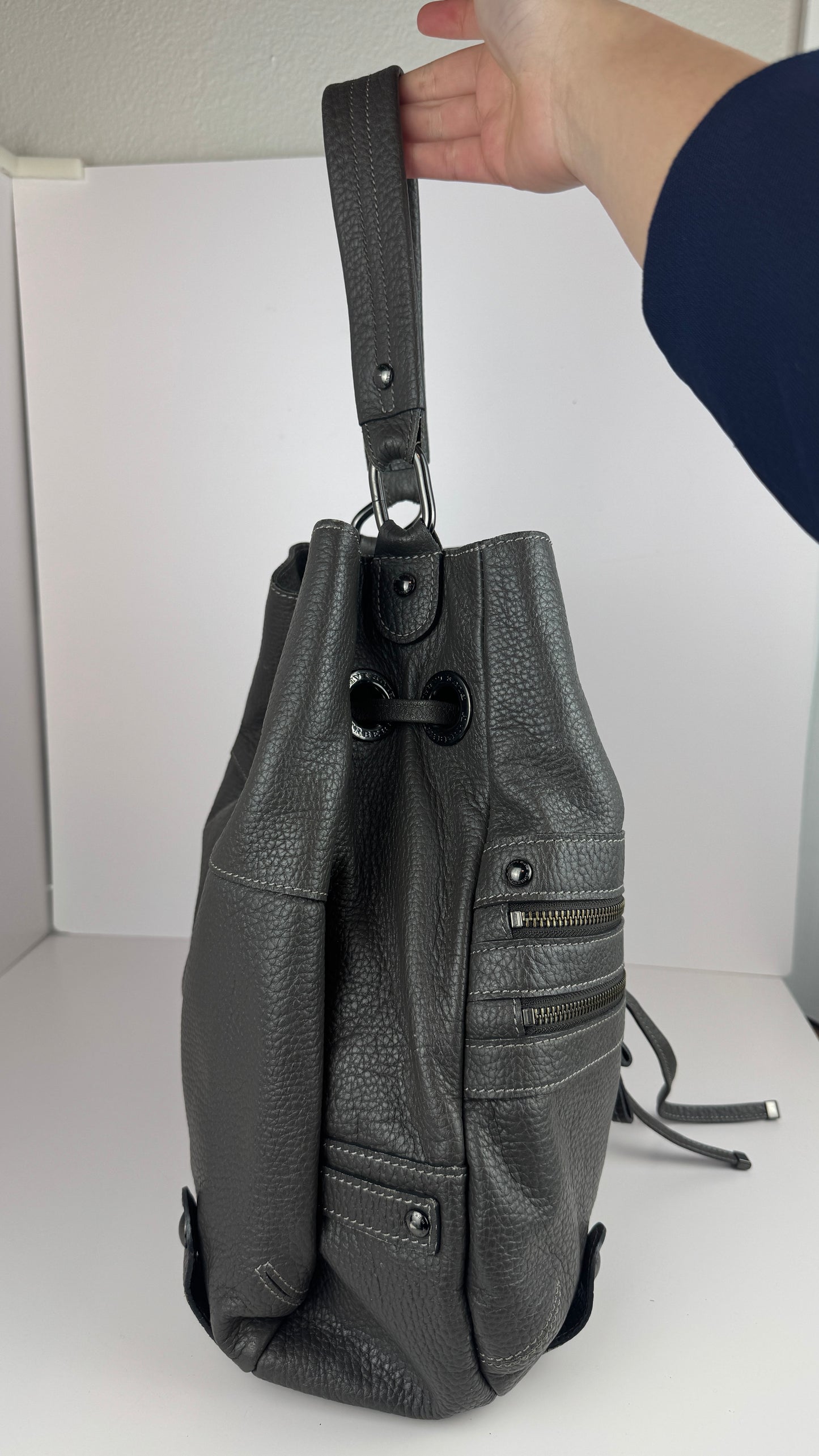 Burberry Bucket Grey Leather With Exterior Zip Pockets