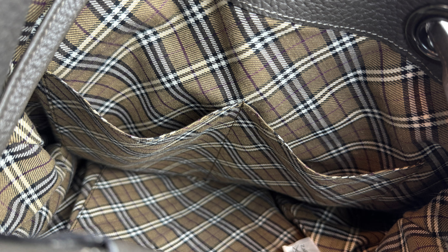 Burberry Bucket Grey Leather With Exterior Zip Pockets