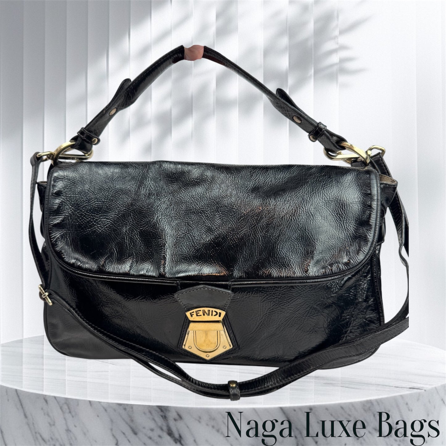 FENDI Patent Fly Shoulder Bag Black