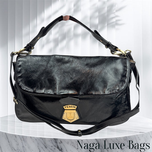 FENDI Patent Fly Shoulder Bag Black