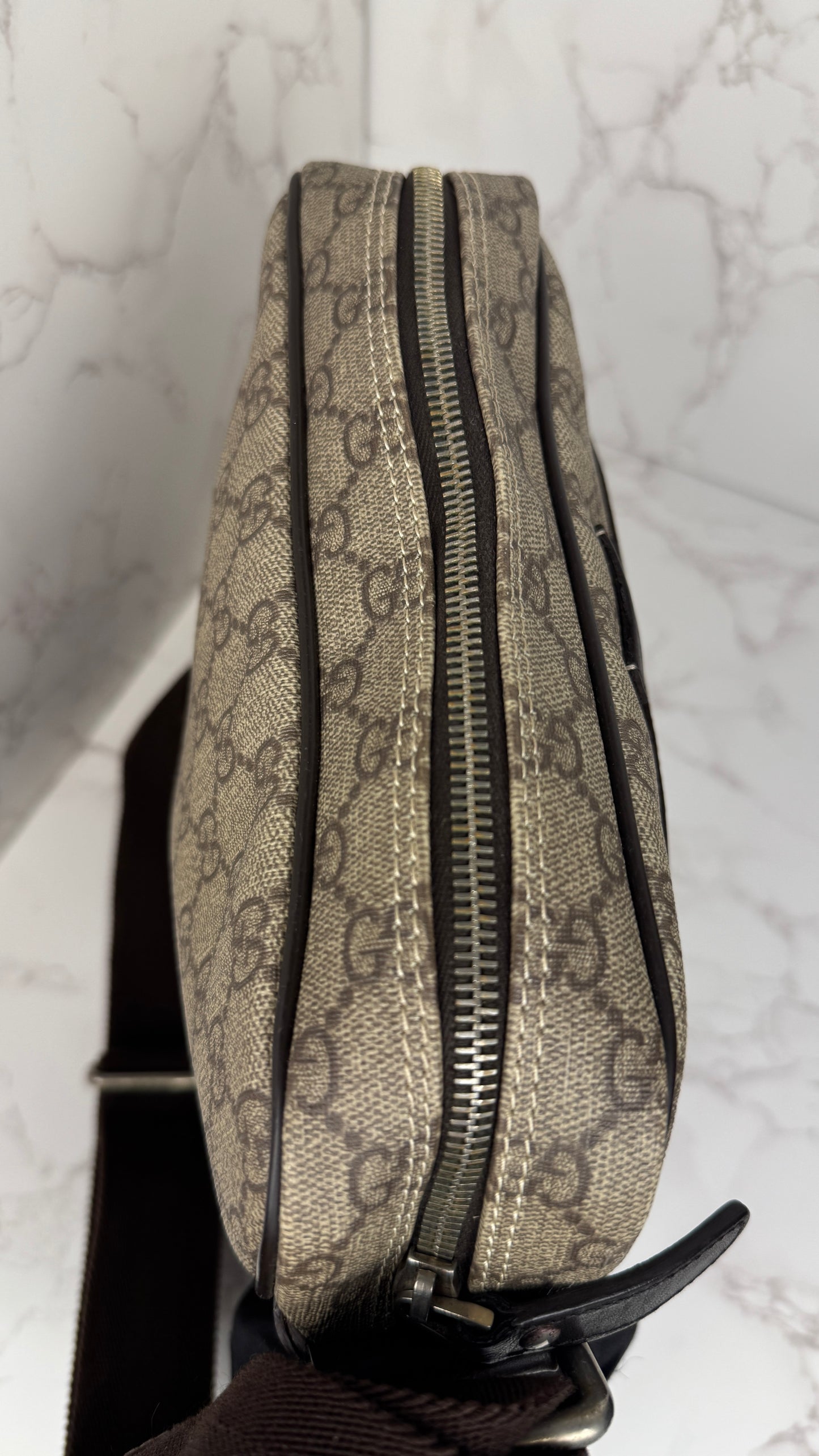 Gucci Front Zip Messenger Coated Canvas Brown