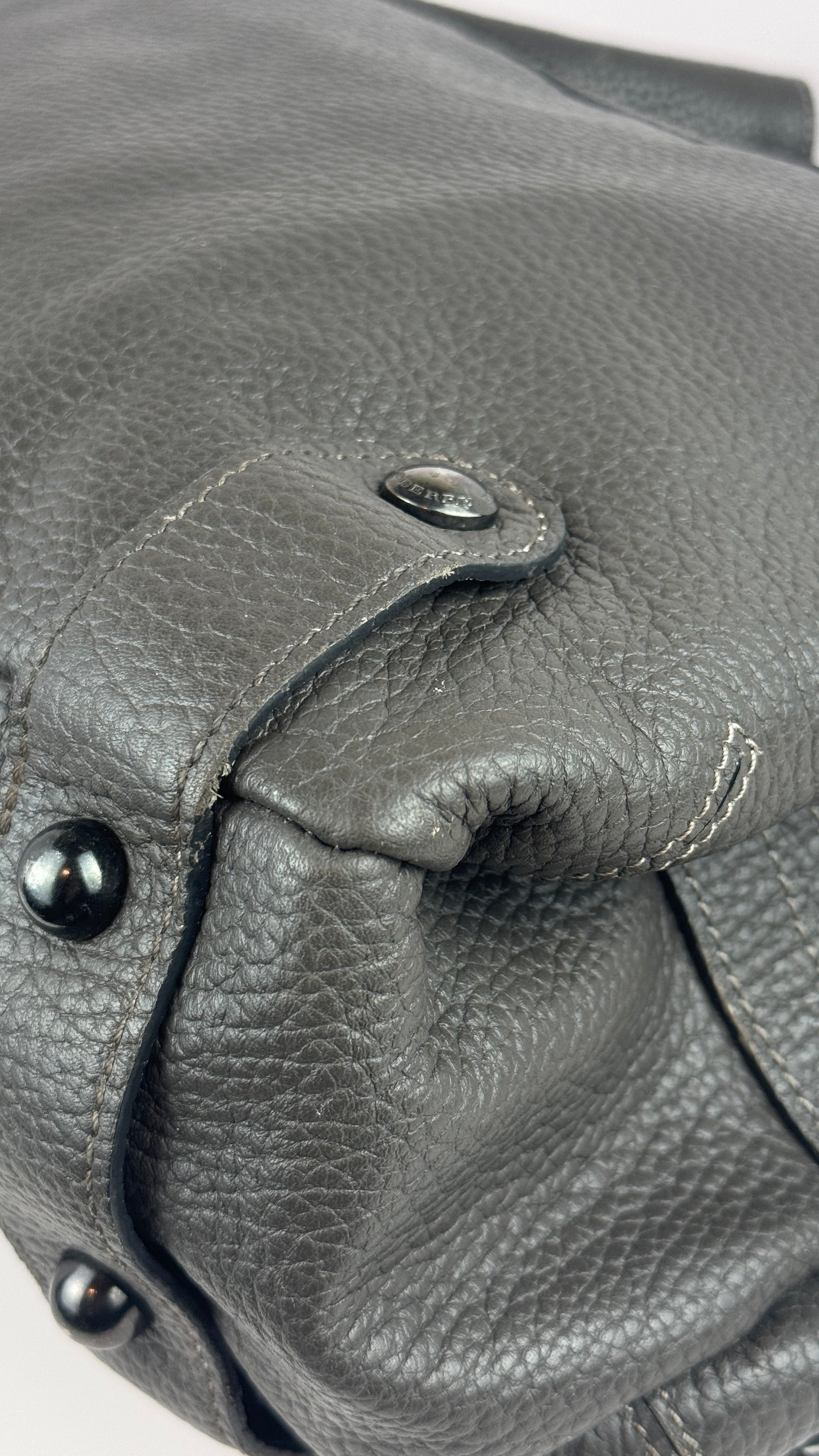 Burberry Bucket Grey Leather With Exterior Zip Pockets