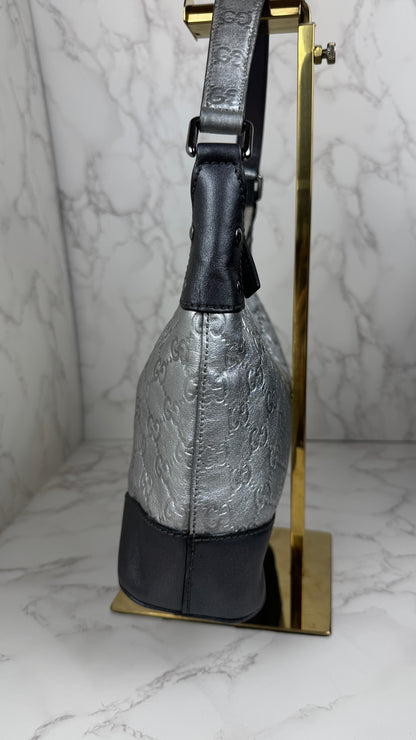 Gucci GG Leather Hobo Silver and Grey