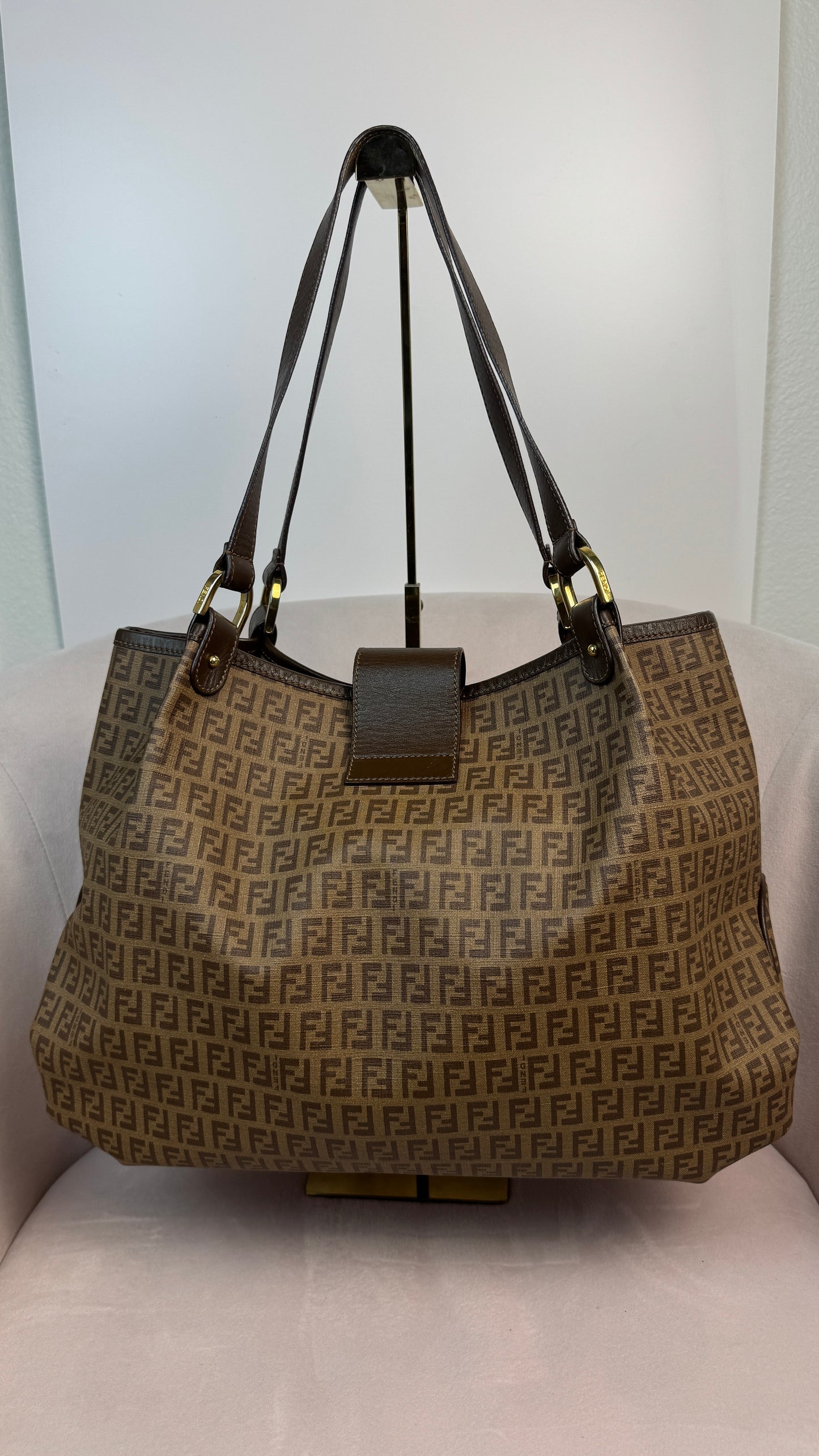 Fendi Zucchino Spalmati Chiusura tote bag in brown coated canvas with brown leather trim