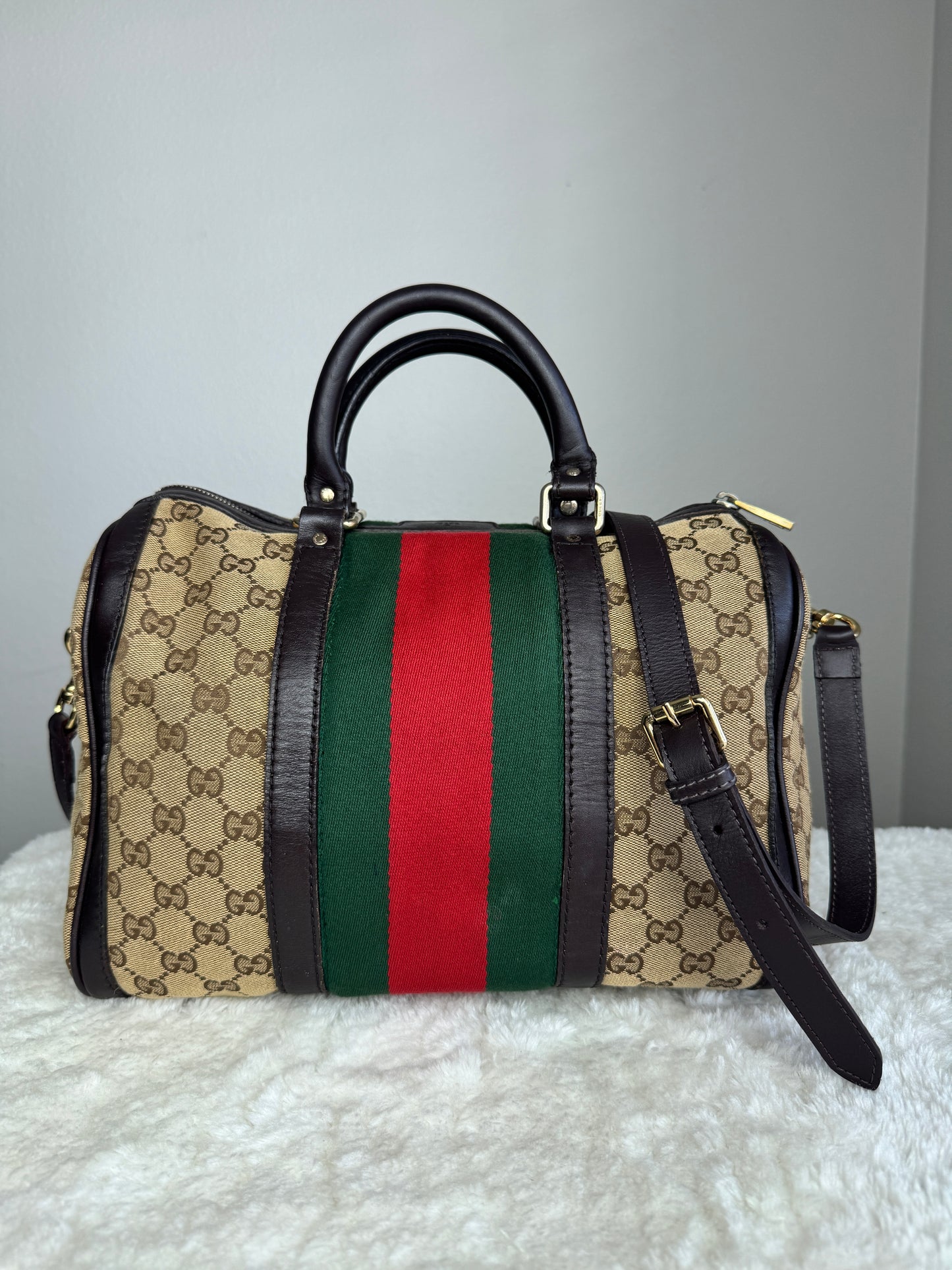 GUCCI Web Boston GG Canvas With strap Brown