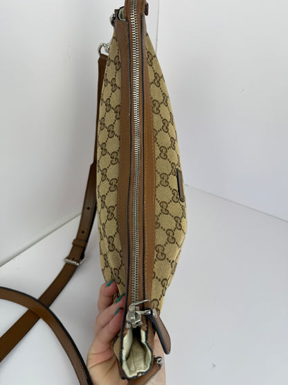 Gucci Web Half Moon Crossbody GG Canvas Brown