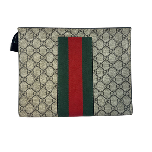 Gucci Beige GG Supreme Canvas Toiletry Pouch with Green and Red Web Stripe