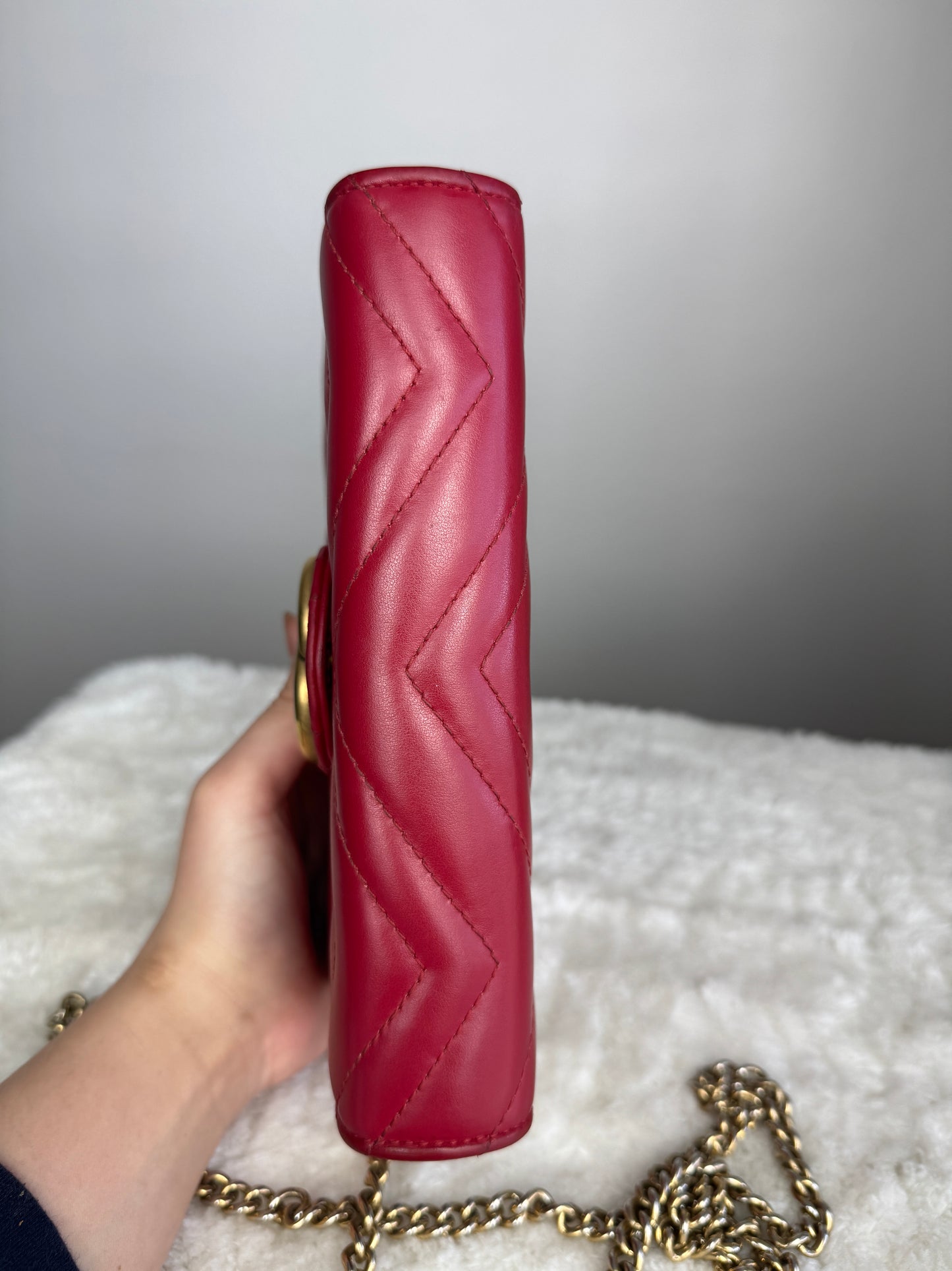 GUCCI GG Marmont Chain Wallet Matelasse Leather Red